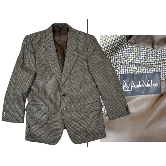 VINTAGE Tweed Sport Coat Blazer Beige Black Lambs Wool Andre Vachon 42S Short - Picture 1 of 13